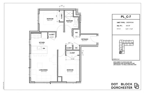 Floor plan for 2 beds, 1 bath, 833 sqft